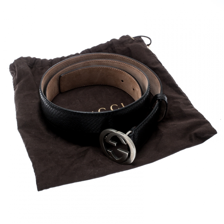 Pre Owned Gucci Black Python Interlocking GG Buckle Belt 105CM