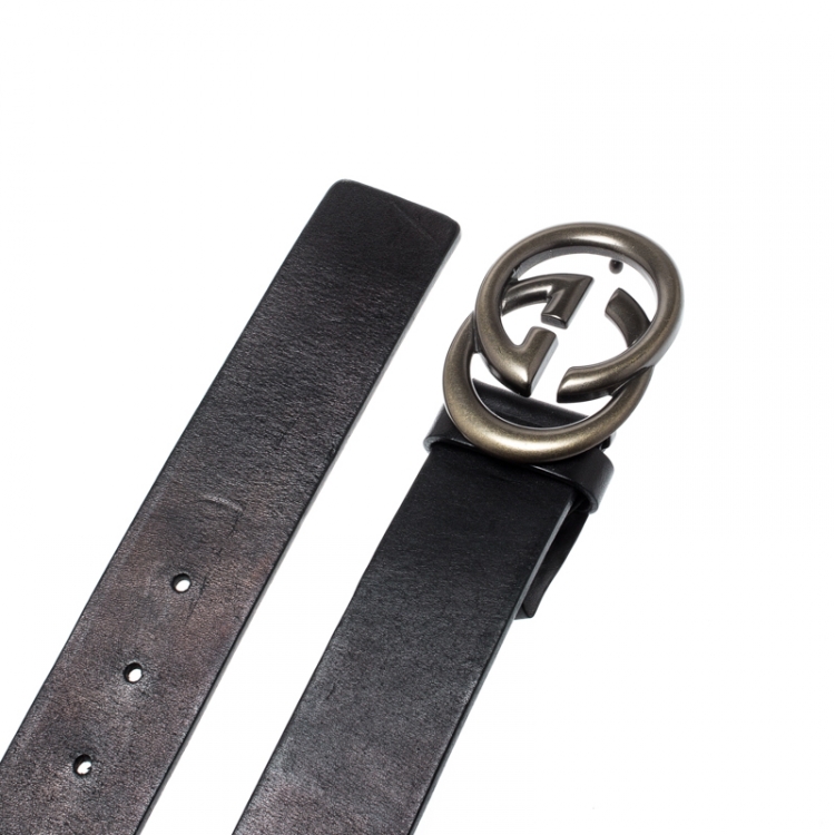 Pre Owned Gucci Black Leather Interlocking GG Buckle Belt 100CM