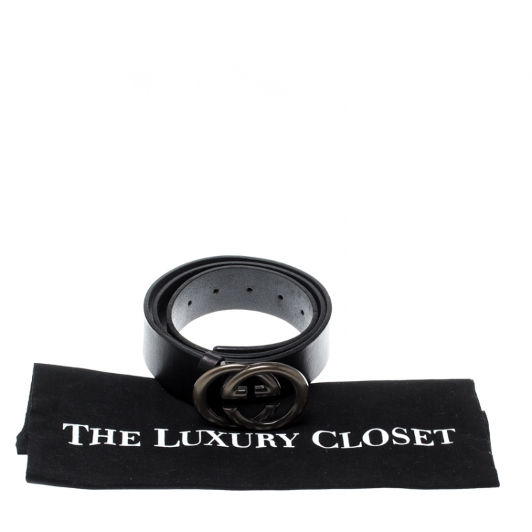Pre Owned Gucci Black Leather Interlocking GG Buckle Belt 100CM