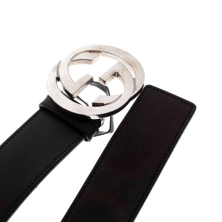 Pre Owned Gucci Black Leather Interlocking G Buckle Belt 90CM