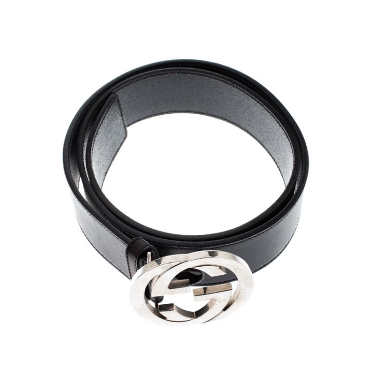 Pre Owned Gucci Black Leather Interlocking G Buckle Belt 90CM