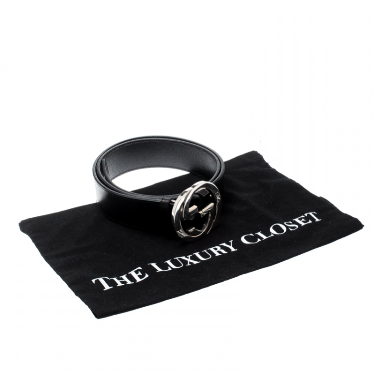 Pre Owned Gucci Black Leather Interlocking G Buckle Belt 90CM