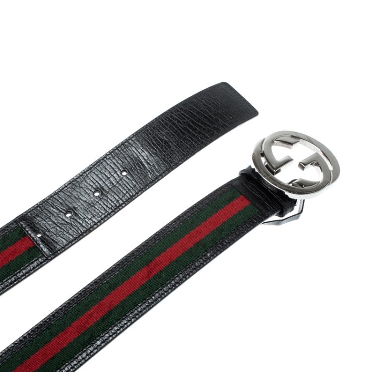 Pre Owned Gucci Black Web Canvas and Leather Interlocking GG Buckle Belt 105 CM