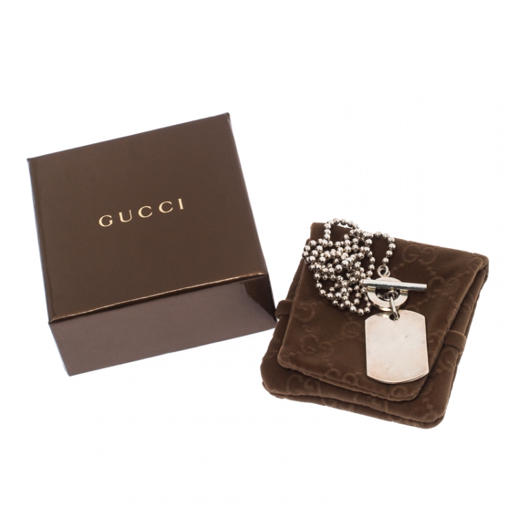 Pre Owned Gucci Crest Engraved Sterling Silver Dog Tag Necklace