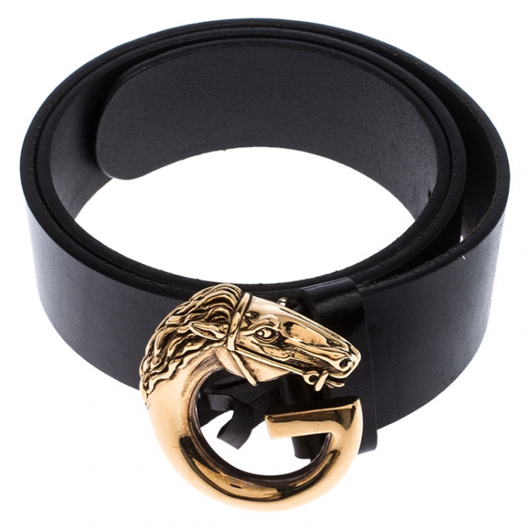 Pre Owned Gucci Black Leather Horse Head G Buckle Belt 80CM