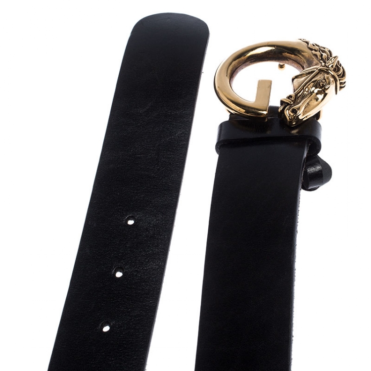 Pre Owned Gucci Black Leather Horse Head G Buckle Belt 80CM
