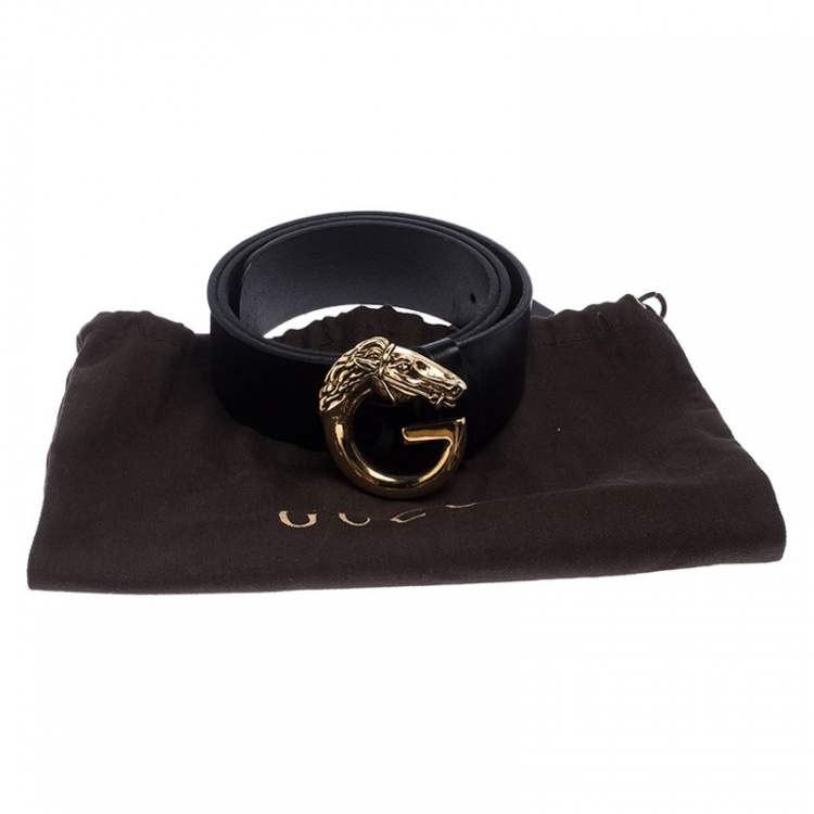 Pre Owned Gucci Black Leather Horse Head G Buckle Belt 80CM