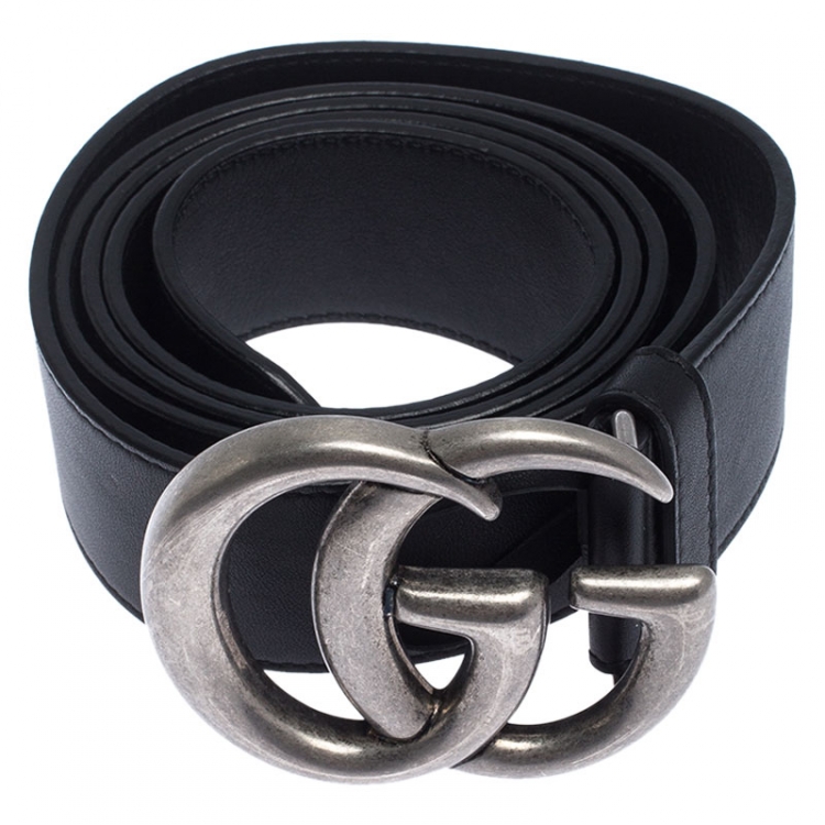Pre Owned Gucci Black Leather Double G Buckle Belt 105 cm