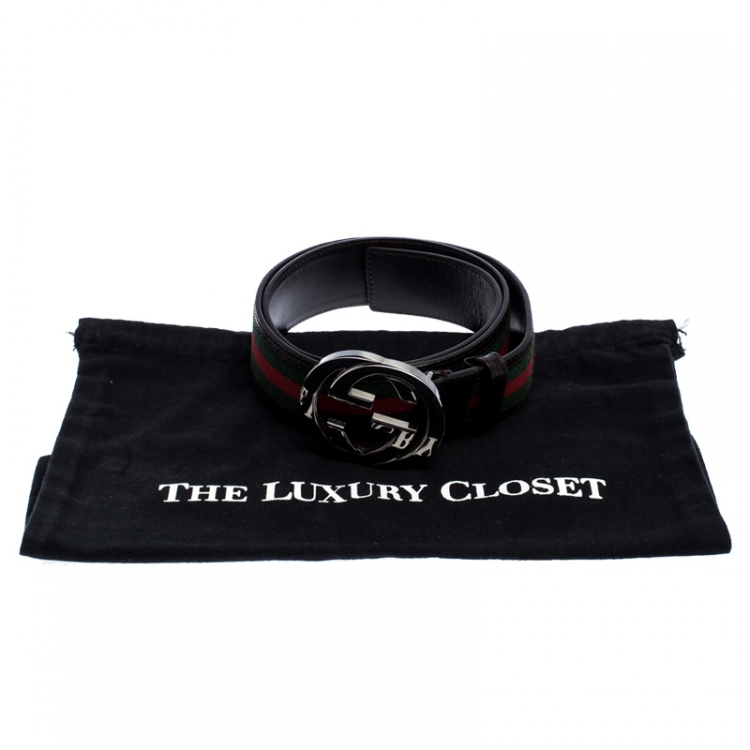 Pre Owned Gucci Dark Brown Web Canvas and Leather Interlocking G Buckle Belt 90CM