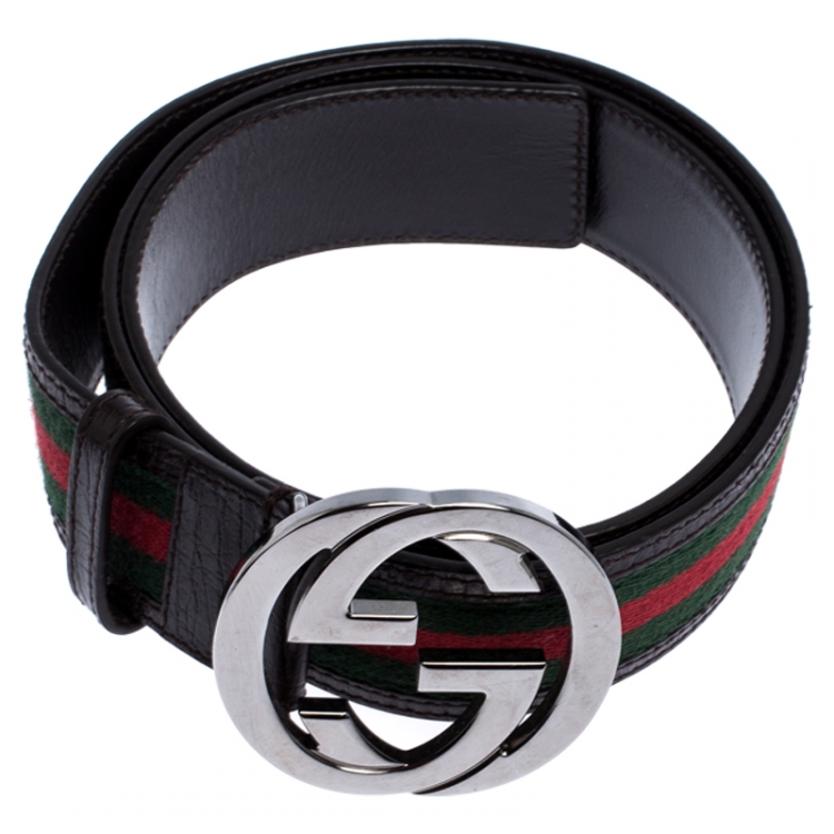 Pre Owned Gucci Dark Brown Web Canvas and Leather Interlocking G Buckle Belt 90CM