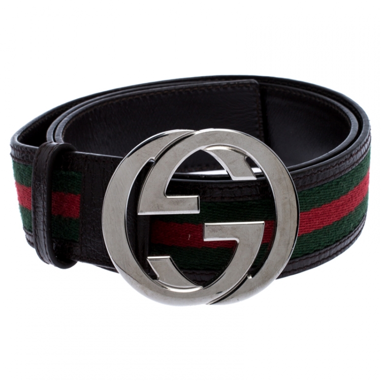 Pre Owned Gucci Dark Brown Web Canvas and Leather Interlocking G Buckle Belt 90CM