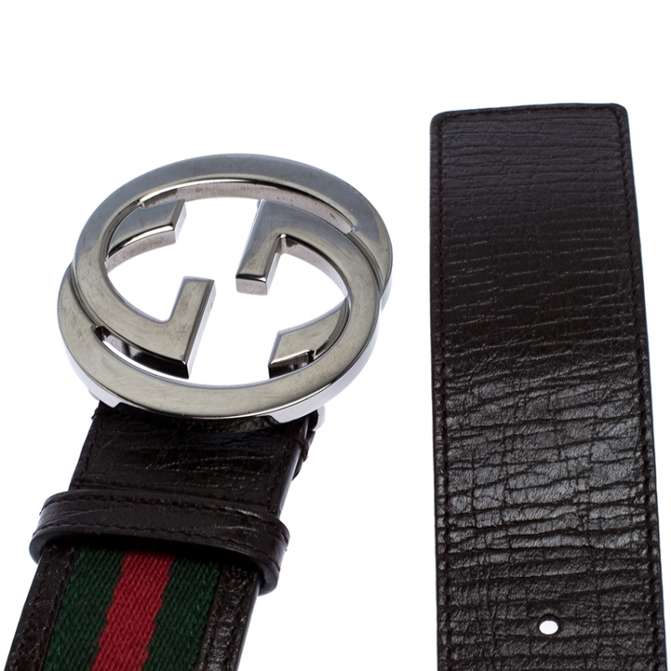 Pre Owned Gucci Dark Brown Web Canvas and Leather Interlocking G Buckle Belt 90CM