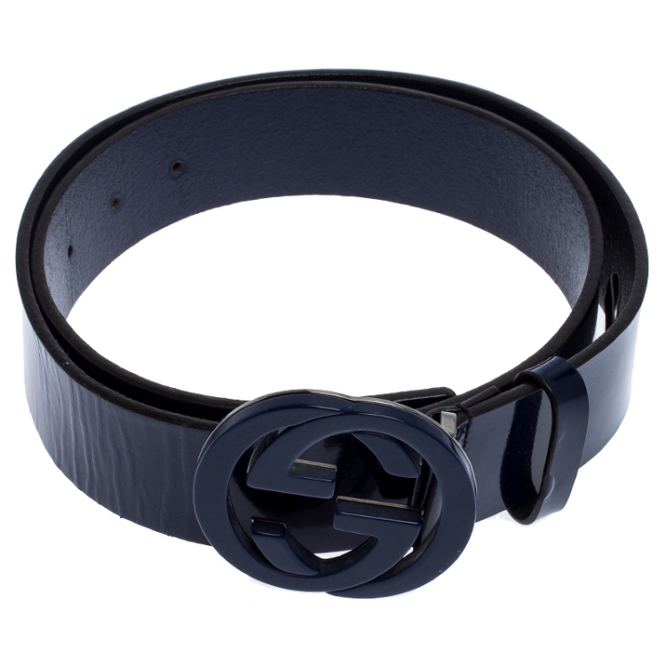 Pre Owned Gucci Navy Blue Patent Leather Interlocking G Buckle Belt 90CM
