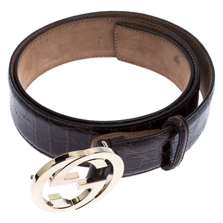Pre Owned Gucci Dark Brown Crocodile Interlocking GG Buckle Belt 105CM
