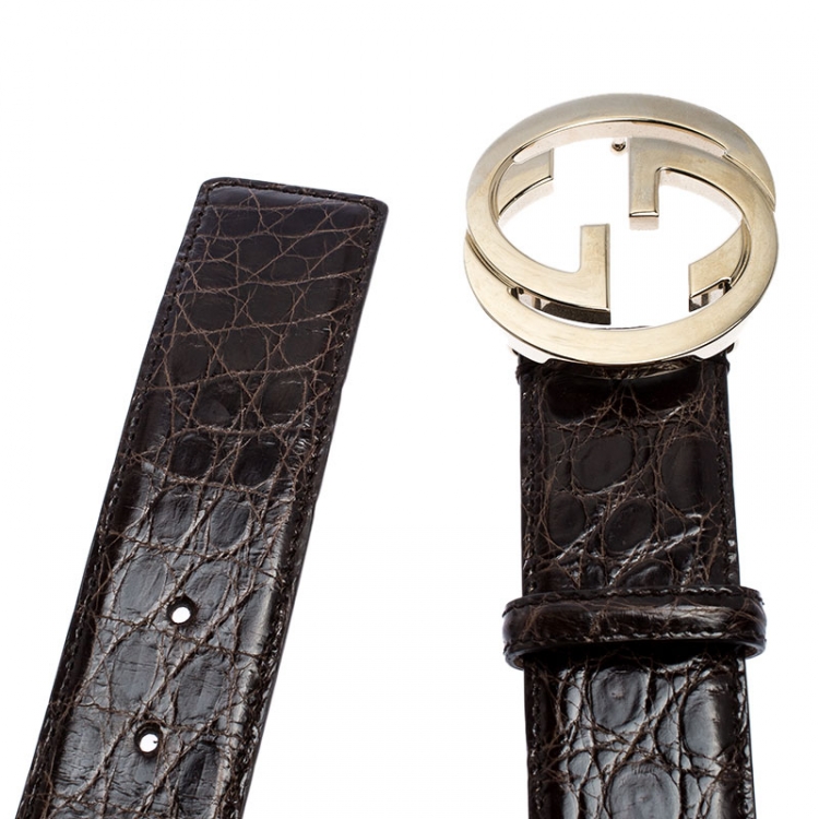 Pre Owned Gucci Dark Brown Crocodile Interlocking GG Buckle Belt 105CM