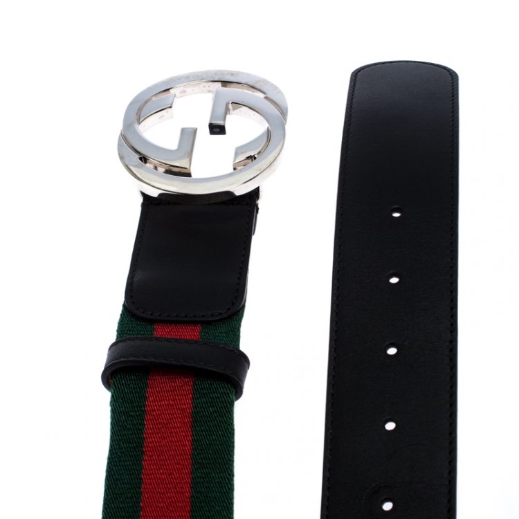 Pre Owned Gucci Black Web Fabric and Leather Interlocking GG Buckle Belt 110CM