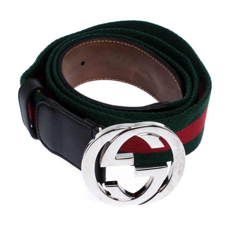 Pre Owned Gucci Black Web Fabric and Leather Interlocking GG Buckle Belt 110CM