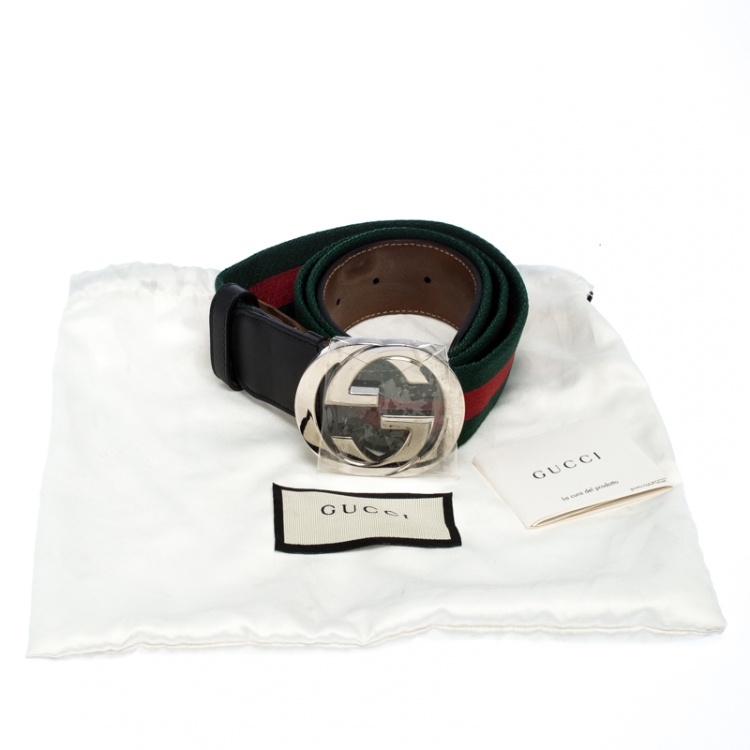 Pre Owned Gucci Black Web Fabric and Leather Interlocking GG Buckle Belt 110CM