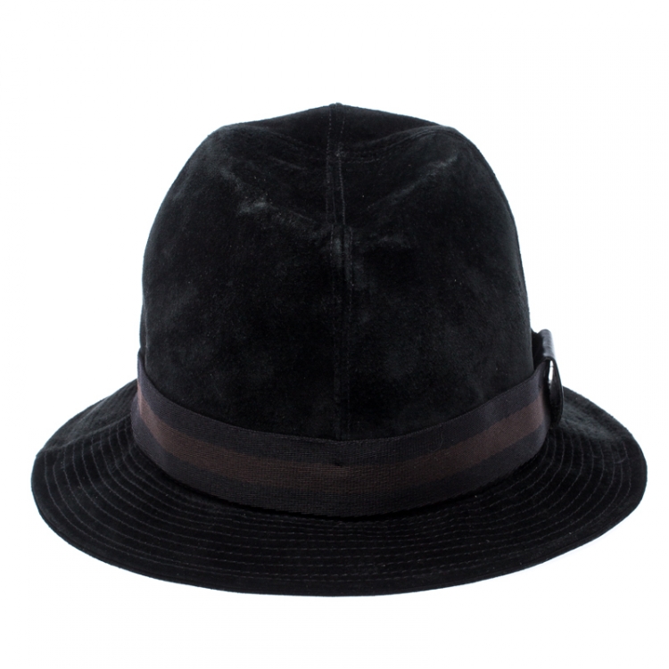 Pre Owned Gucci Black Web Trim Suede Fedora Hat Size S