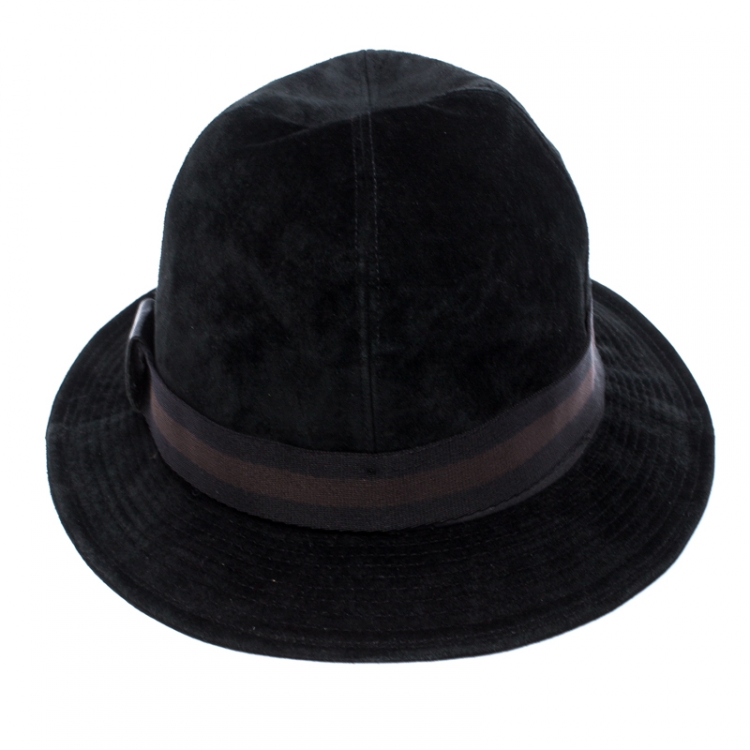Pre Owned Gucci Black Web Trim Suede Fedora Hat Size S