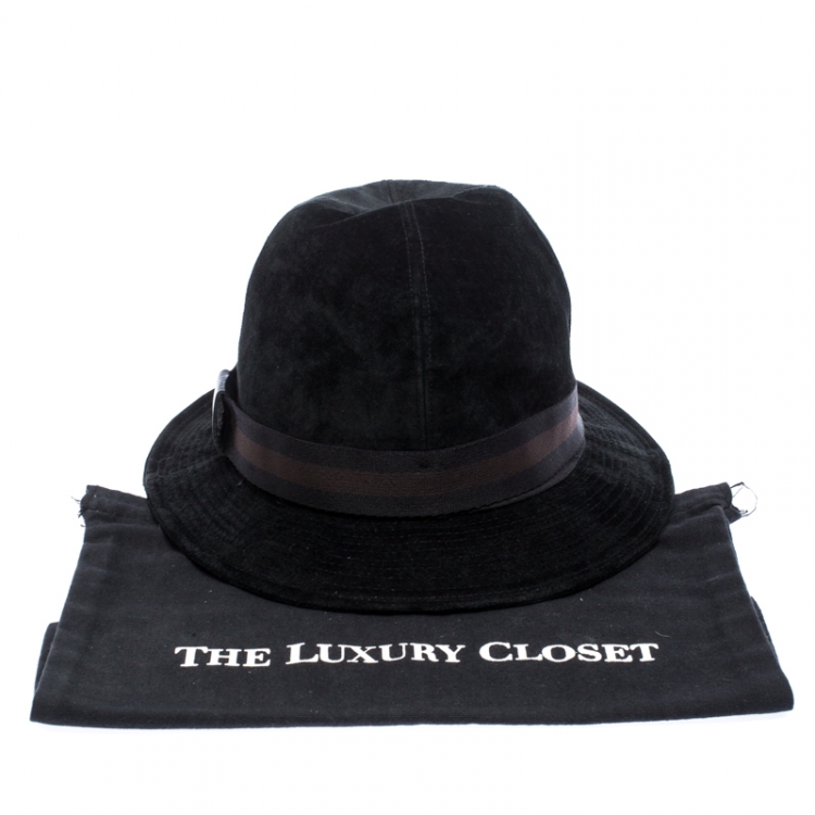 Pre Owned Gucci Black Web Trim Suede Fedora Hat Size S