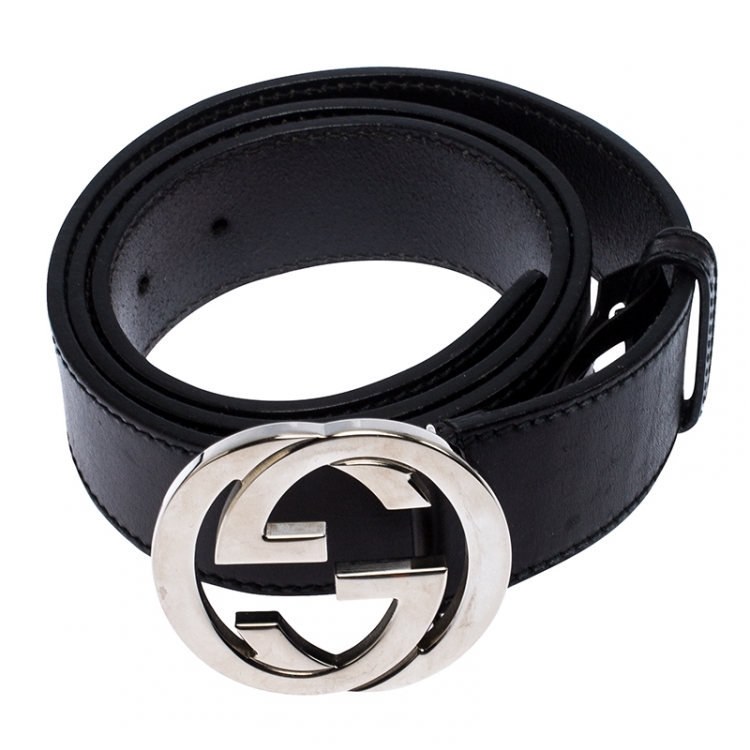 مملوكة مسبقًا Gucci Black Leather Interlocking G Buckle Belt 95CM