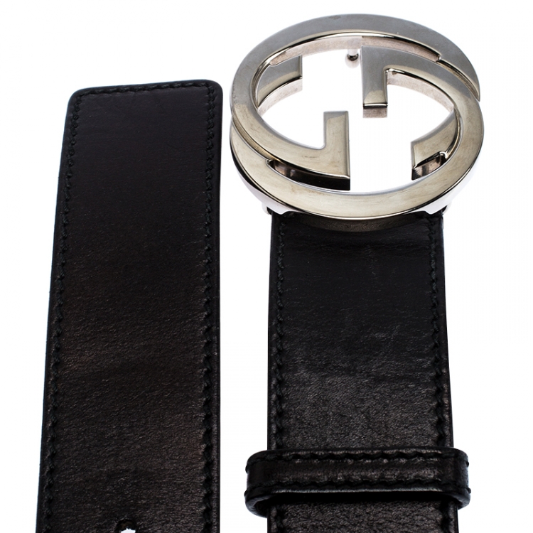 مملوكة مسبقًا Gucci Black Leather Interlocking G Buckle Belt 95CM