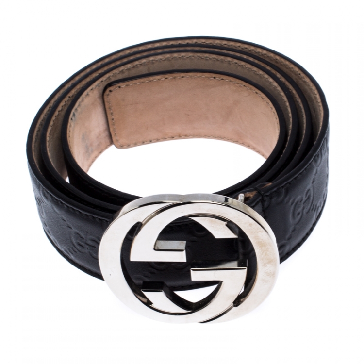 مملوكة مسبقًا Gucci Black Guccissima Leather Interlocking GG Buckle Belt 100CM