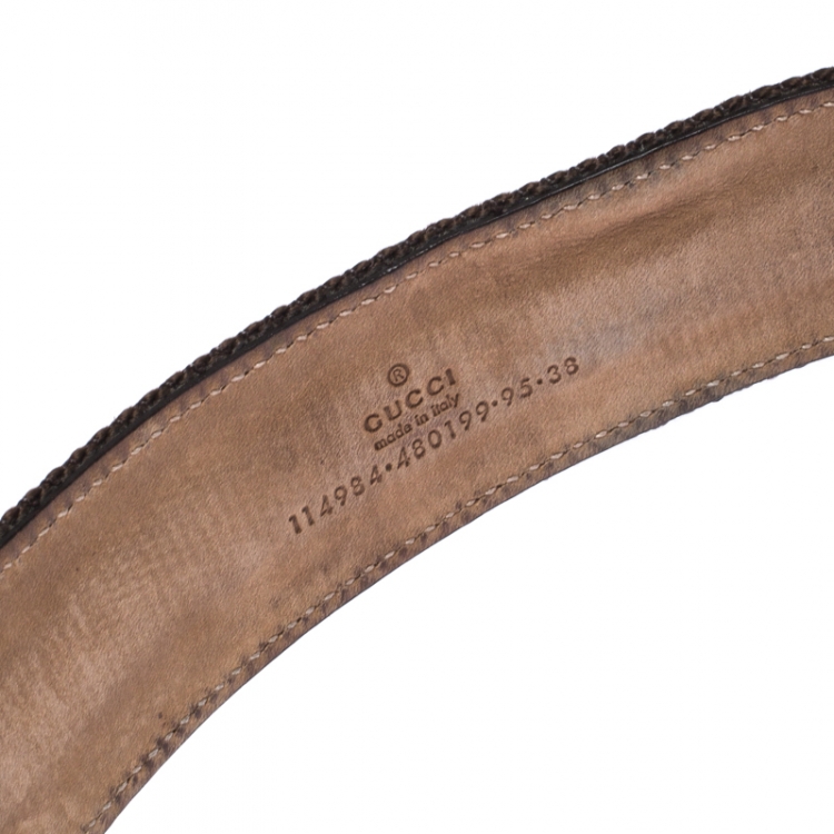 Pre Owned Gucci Brown/White Fabric and Leather GG Interlocking Belt Size 95CM