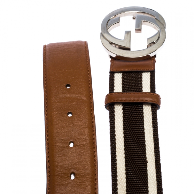 Pre Owned Gucci Brown/White Fabric and Leather GG Interlocking Belt Size 95CM