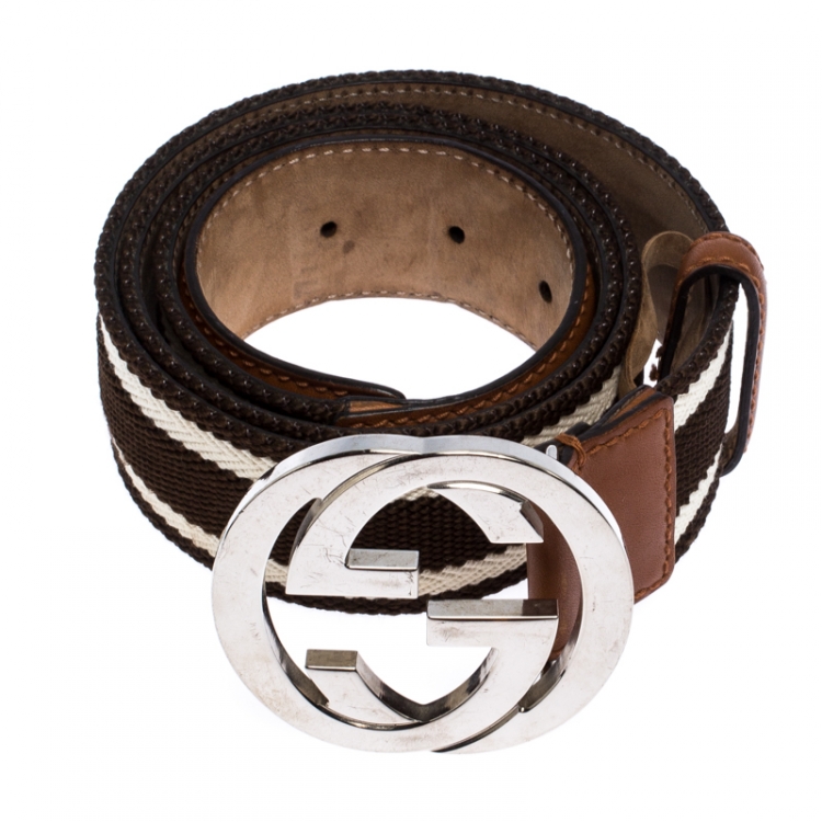 Pre Owned Gucci Brown/White Fabric and Leather GG Interlocking Belt Size 95CM