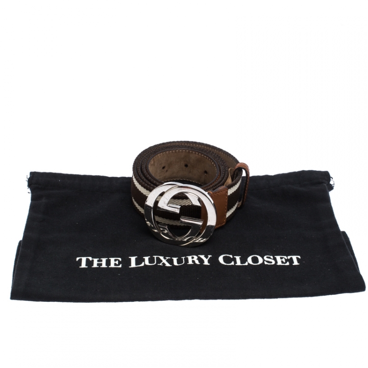 Pre Owned Gucci Brown/White Fabric and Leather GG Interlocking Belt Size 95CM