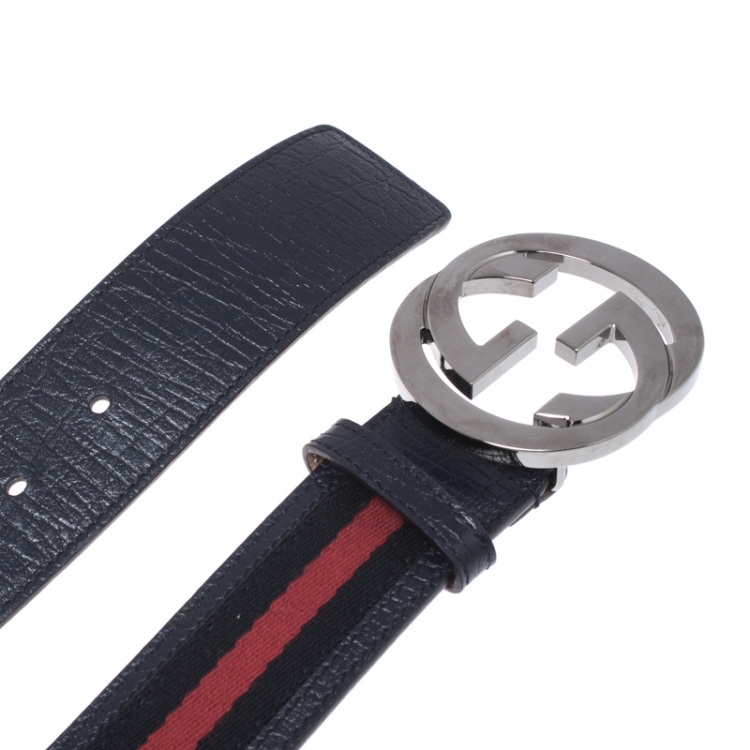 Pre Owned Gucci Navy Blue Web Fabric Interlocking G Buckle Belt 100CM