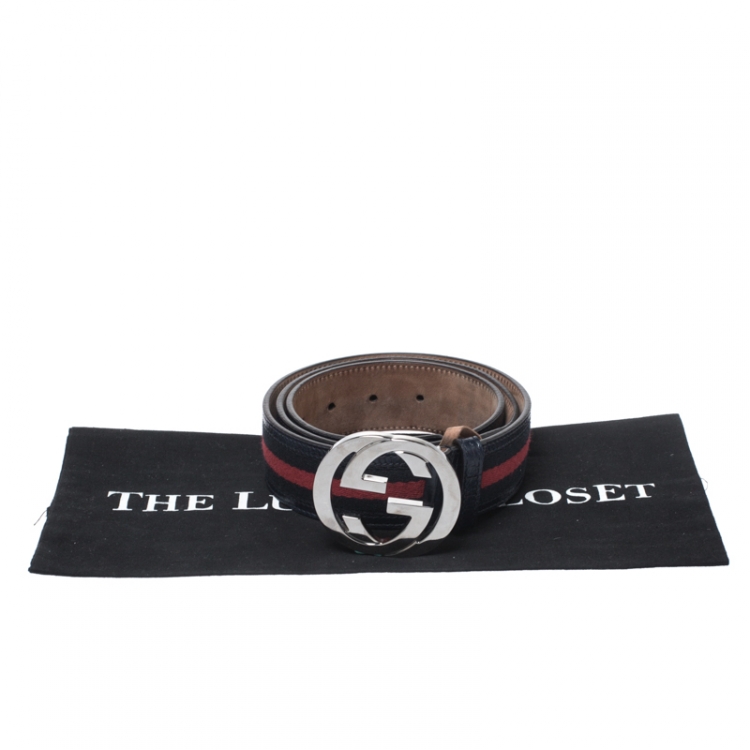 Pre Owned Gucci Navy Blue Web Fabric Interlocking G Buckle Belt 100CM