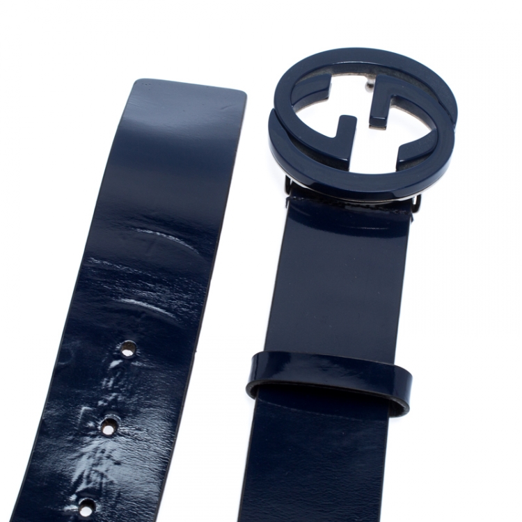 Pre Owned Gucci Navy Blue Patent Leather Interlocking GG Belt Size 105CM