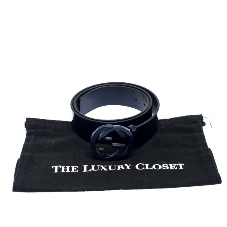 Pre Owned Gucci Navy Blue Patent Leather Interlocking GG Belt Size 105CM
