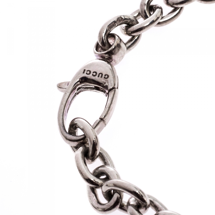 Pre Owned Gucci Logo Plaque Tag Silver Tone Chain Bracelet 19cm