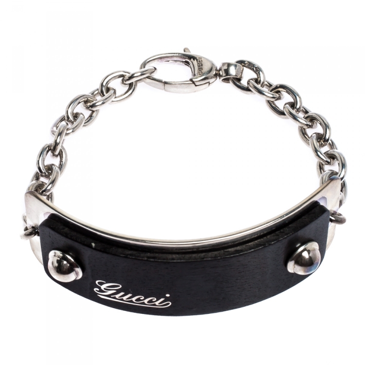 Pre Owned Gucci Logo Plaque Tag Silver Tone Chain Bracelet 19cm