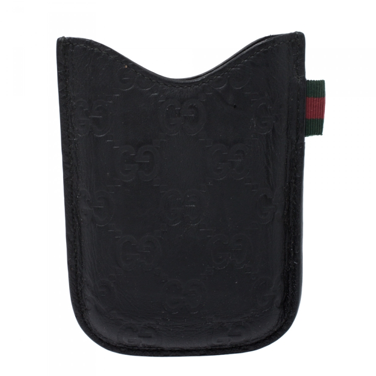 Pre Owned Gucci Black Guccissima Leather Web Phone Case
