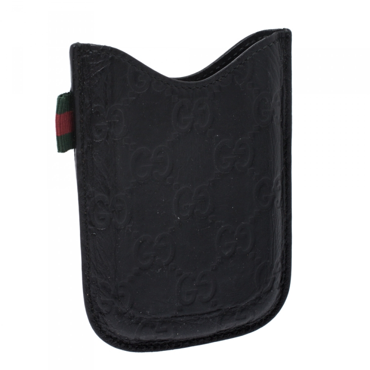 Pre Owned Gucci Black Guccissima Leather Web Phone Case