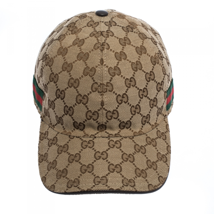 Pre Owned Gucci Beige GG Canvas Web Trimmed Baseball Cap M
