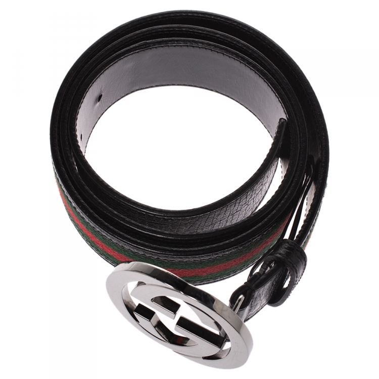 Pre Owned Gucci Black/Green Web Leather Interlocking GG Belt 100CM
