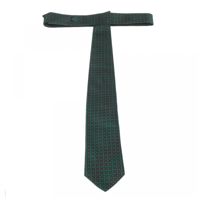 Pre Owned Gucci Two Tone Grid Pattern Silk Jacquard Tie 