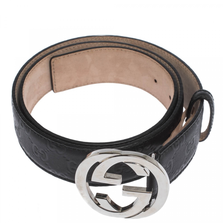 مملوكة مسبقًا Gucci Black Guccissima Leather Interlocking G Belt 95CM