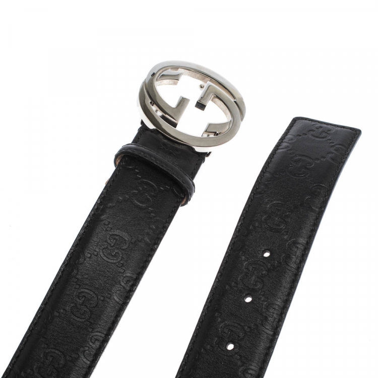 مملوكة مسبقًا Gucci Black Guccissima Leather Interlocking G Belt 95CM