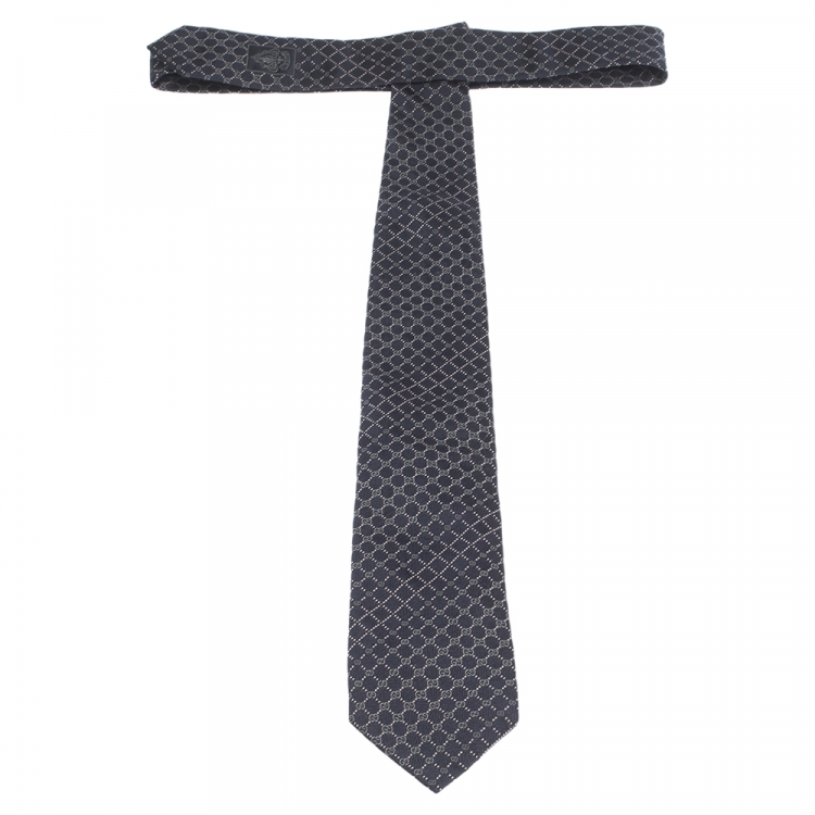 Pre Owned Gucci Navy Blue GG Pattern Jacquard Silk Tie