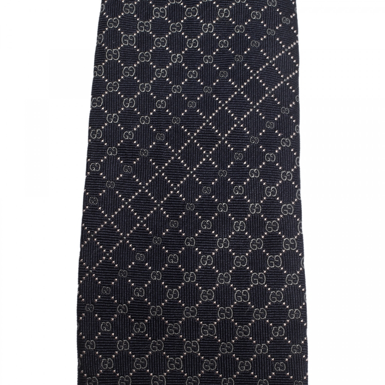 Pre Owned Gucci Navy Blue GG Pattern Jacquard Silk Tie