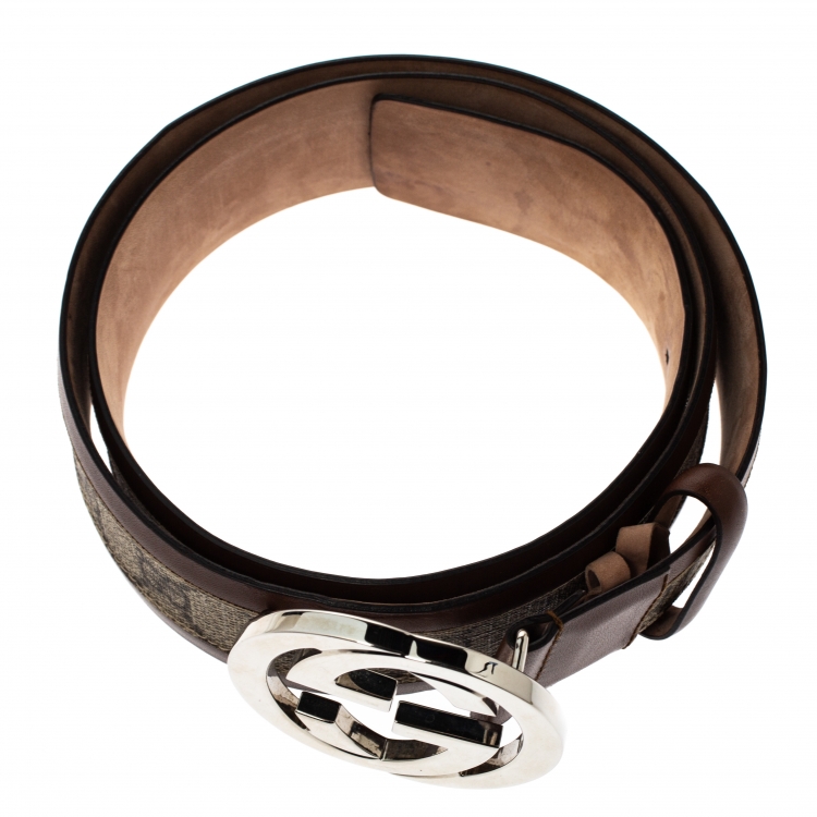 مملوكة مسبقًا Gucci Brown/Beige GG Supreme Canvas and Leather Interlocking G Buckle Belt 95CM