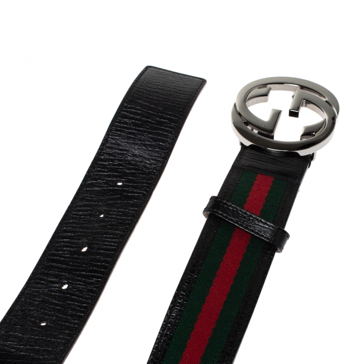 مملوكة مسبقًا Gucci Red/Green Canvas and Leather Web Interlocking G Buckle Belt 95CM