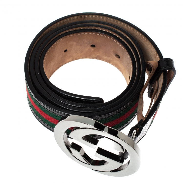 مملوكة مسبقًا Gucci Red/Green Canvas and Leather Web Interlocking G Buckle Belt 95CM